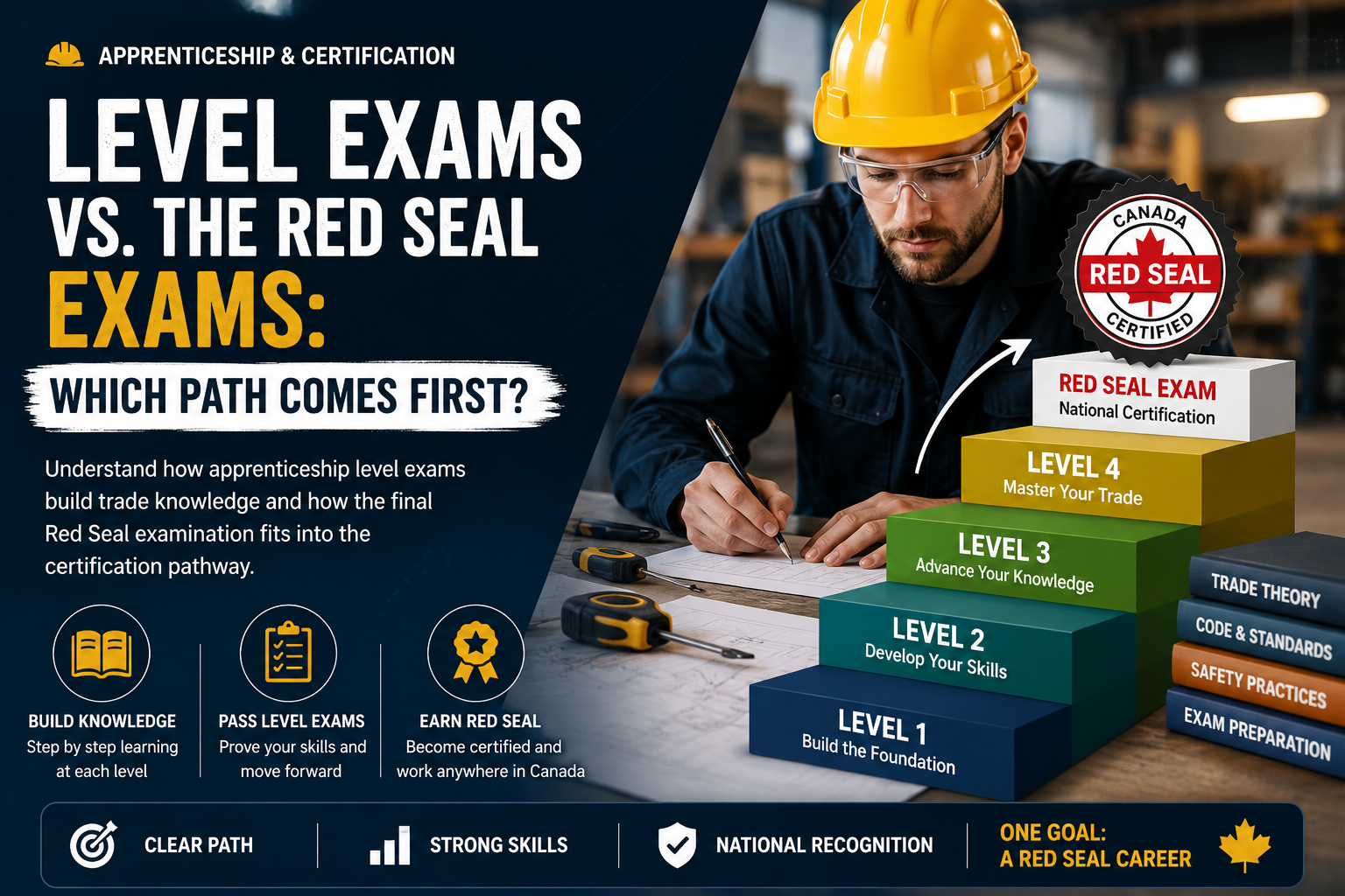 Apprentice reviewing the pathway from level training to the Red Seal exam