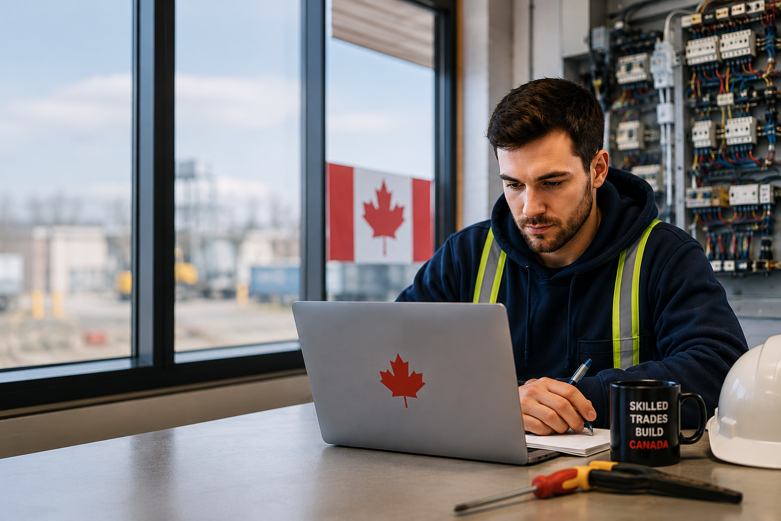 Canadian skilled trades apprentice studying for Red Seal and apprenticeship exams on a laptop
